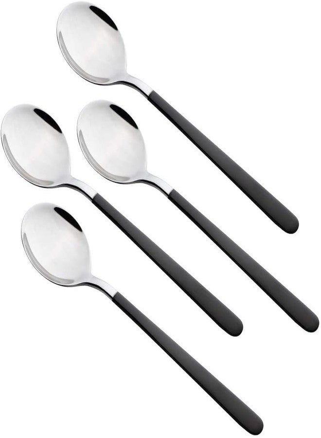 Potency 4 PCS 8 Inches Coffee Spoons, Stirring Spoons, Tea Spoons Long Black Handle, Silver Elliptical Head Teaspoons, Ice Tea Spoons, Long Spoons for Stirring, Espresso Spoons Stainless Steel - Image 1